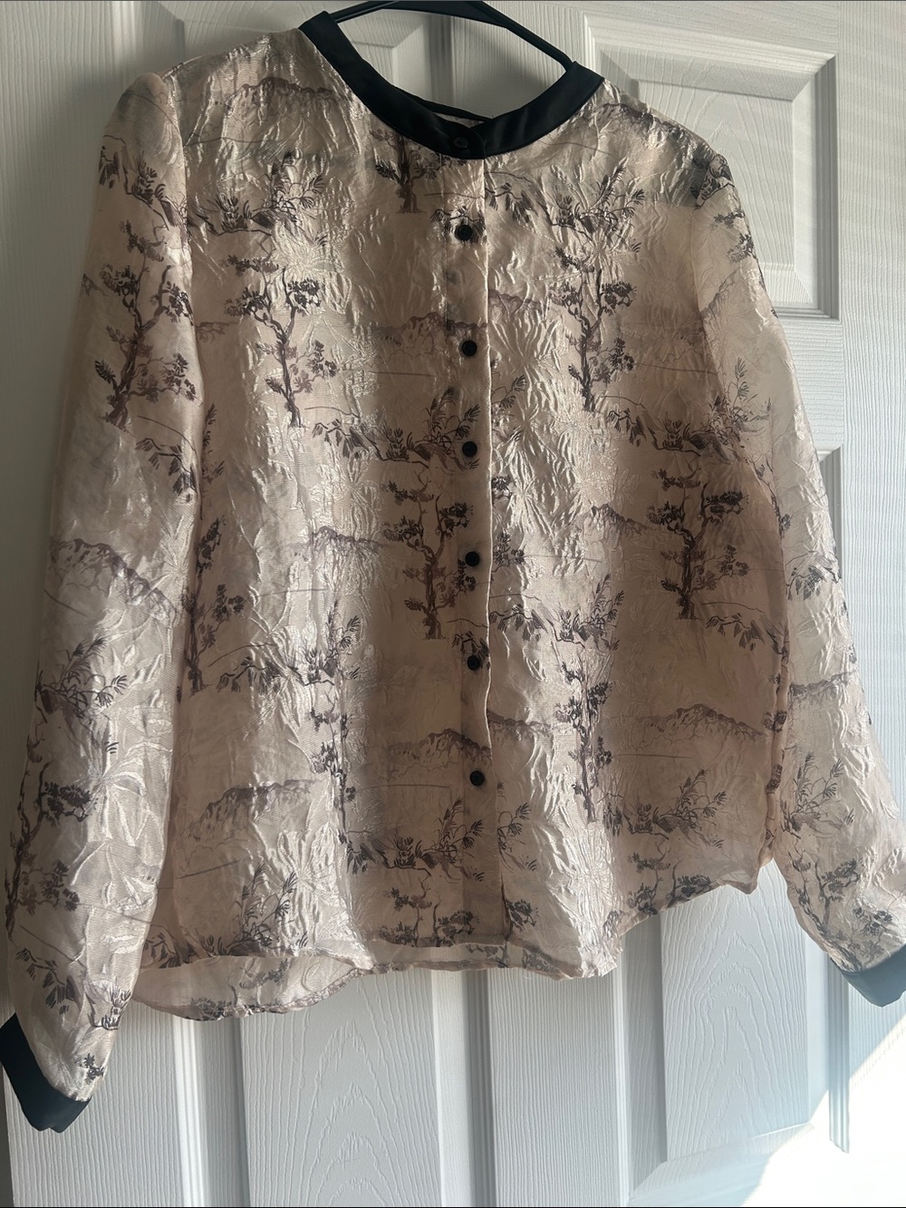 Ivory Floral Jacquard Button-Up Blouse with Black Trim